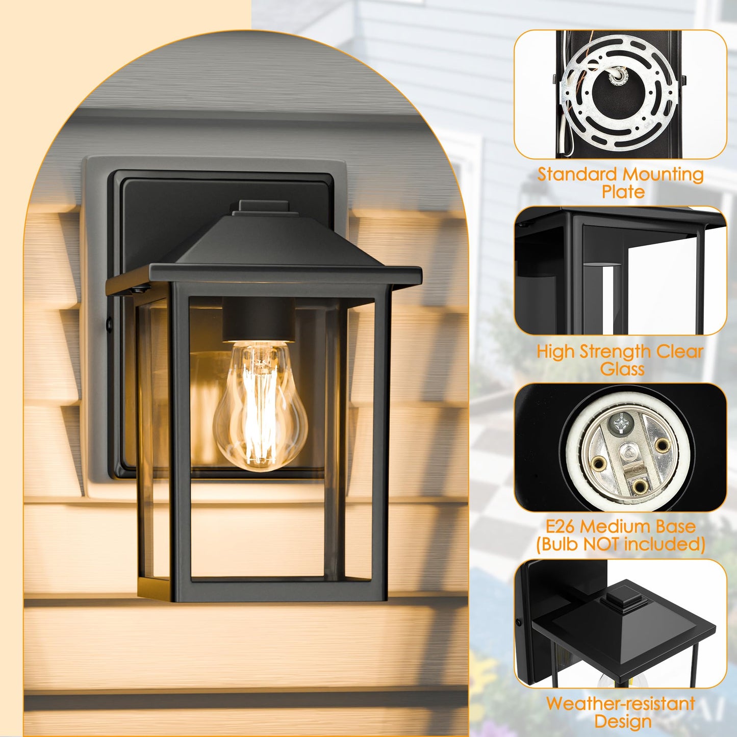 MATAMEYE Outdoor Wall Lantern, Exterior Waterproof Wall Sconce Light Fixture, Black Front Door Mounted Lighting with Clear Glass, Anti-Rust Porch Lamp