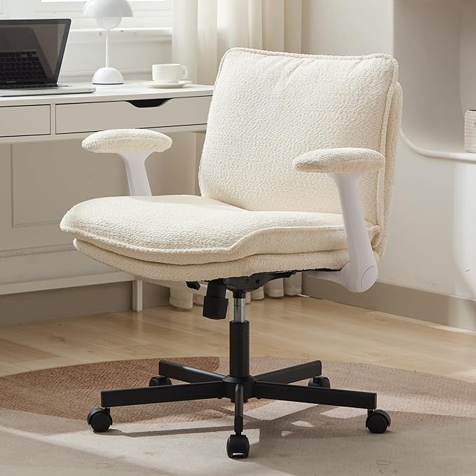 Kassipo Criss Cross Legged Office Chair with Wheels and Flip-Up Arms, Upholstered Criss Cross Desk Chair, Wide Seat Chairs for Home Office, Vanity, Apartment, Beige