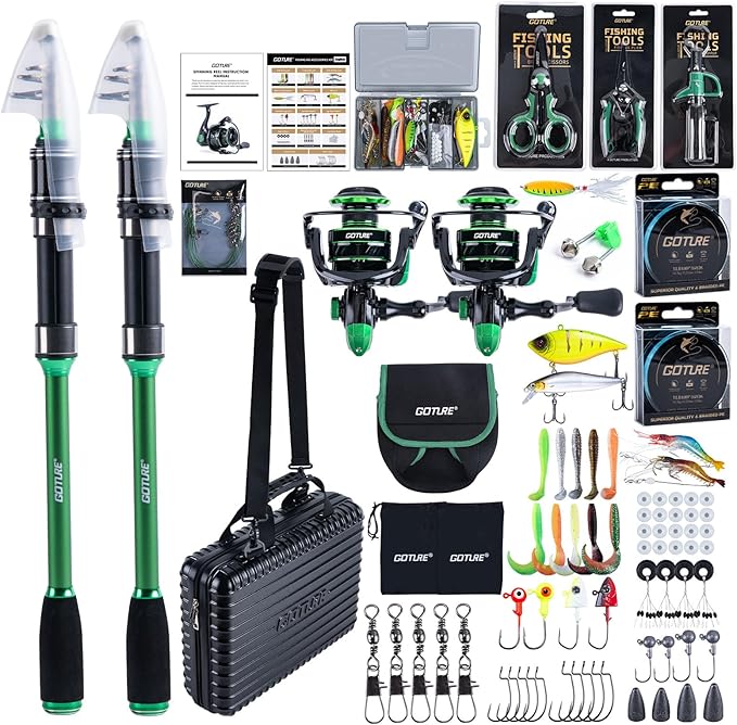 Goture Fishing Rod and Reel Combo - Green Telescoping Fishing Pole Portable Travel Kit with Carrier Bag for Freshwater Sal...