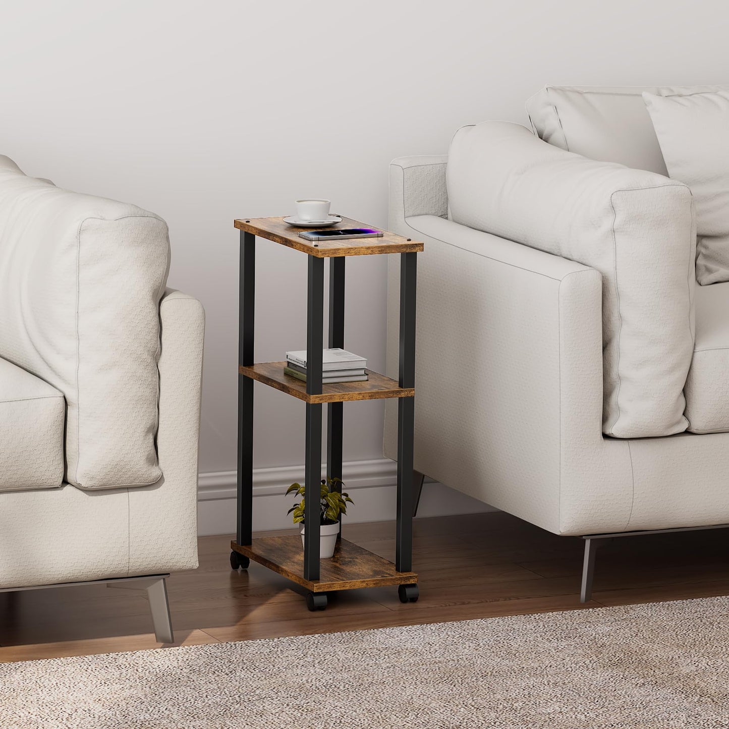 TUTOTAK Small Side Table, Narrow End Table, Bedside Table, Set of 2, Couch Side Table with Wheels for Living Room or Bedroom, Brown V1TB01BB0612EU