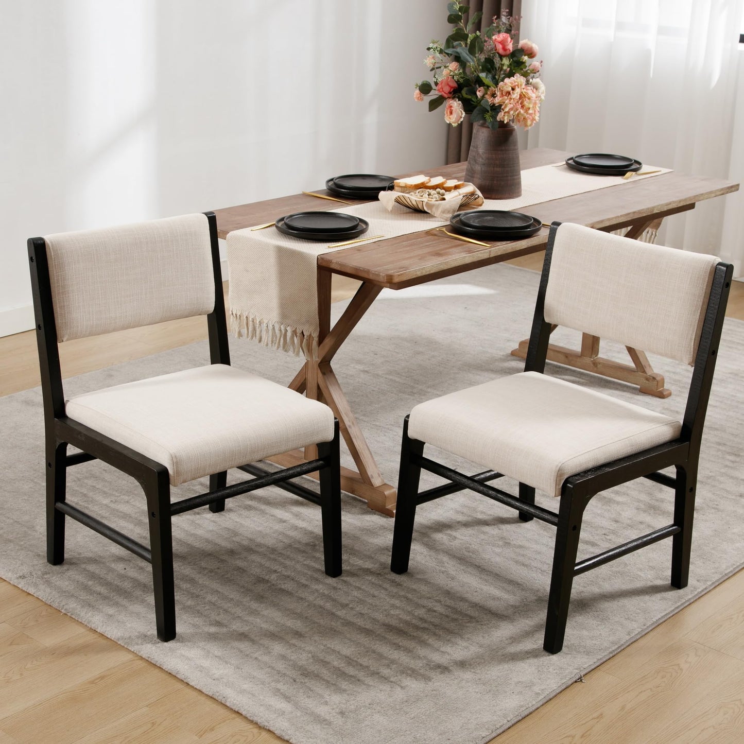 BESTANO Beige Linen Upholstered Dining Chairs Set of 4 Farmhouse Black Wooden Kitchen Dining Chairs Armless Side Chairs with Back