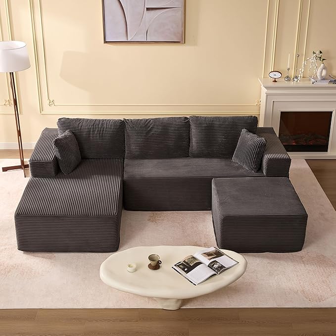Afuson 107" Boneless Couch with Deep Seat, Modular Sectional Sofa, Cloud Sectional Couch for Living Room, No Assembly Required, Corduroy, U-Shape 3 Seater Left, Grey