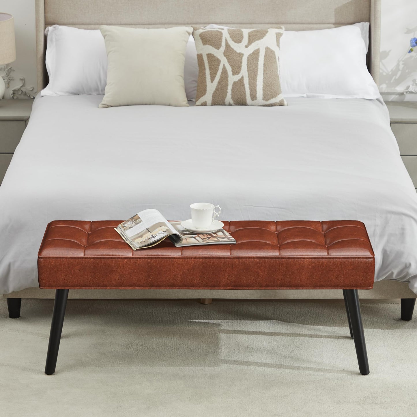 LOULENS 40'' PU Leather Tufted Ottoman Bench, Modern Upholstered End of Bed Bench, Waterproof Leather Entryway Bench with Wood Legs, Accent Footrest for Living Room, Brown