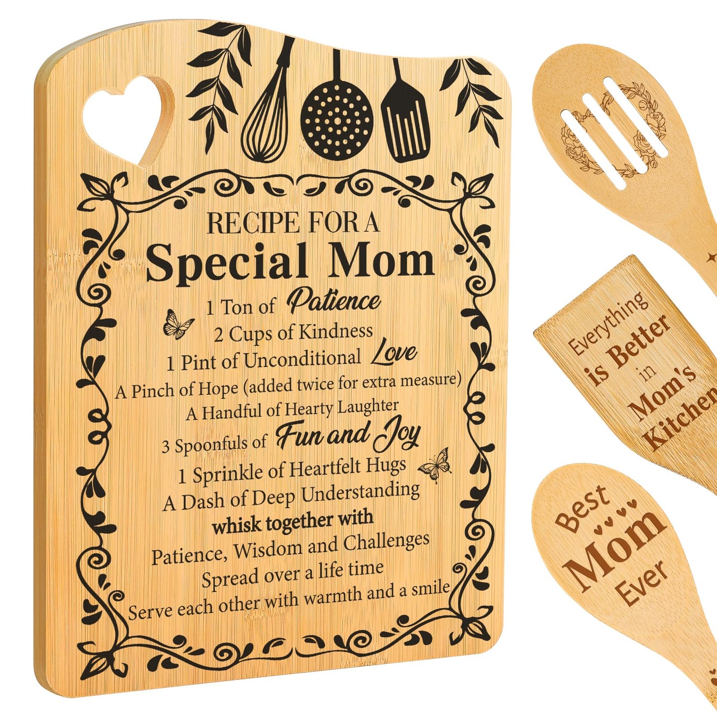 Aremdys Gifts for Mom,Popular Mom Birthday Gifts from Daughter Son Bamboo Cutting Board Set Best Mom Ever Gift Ideas for New Mom Step Mom,Recipe for Special Mom Chopping Board