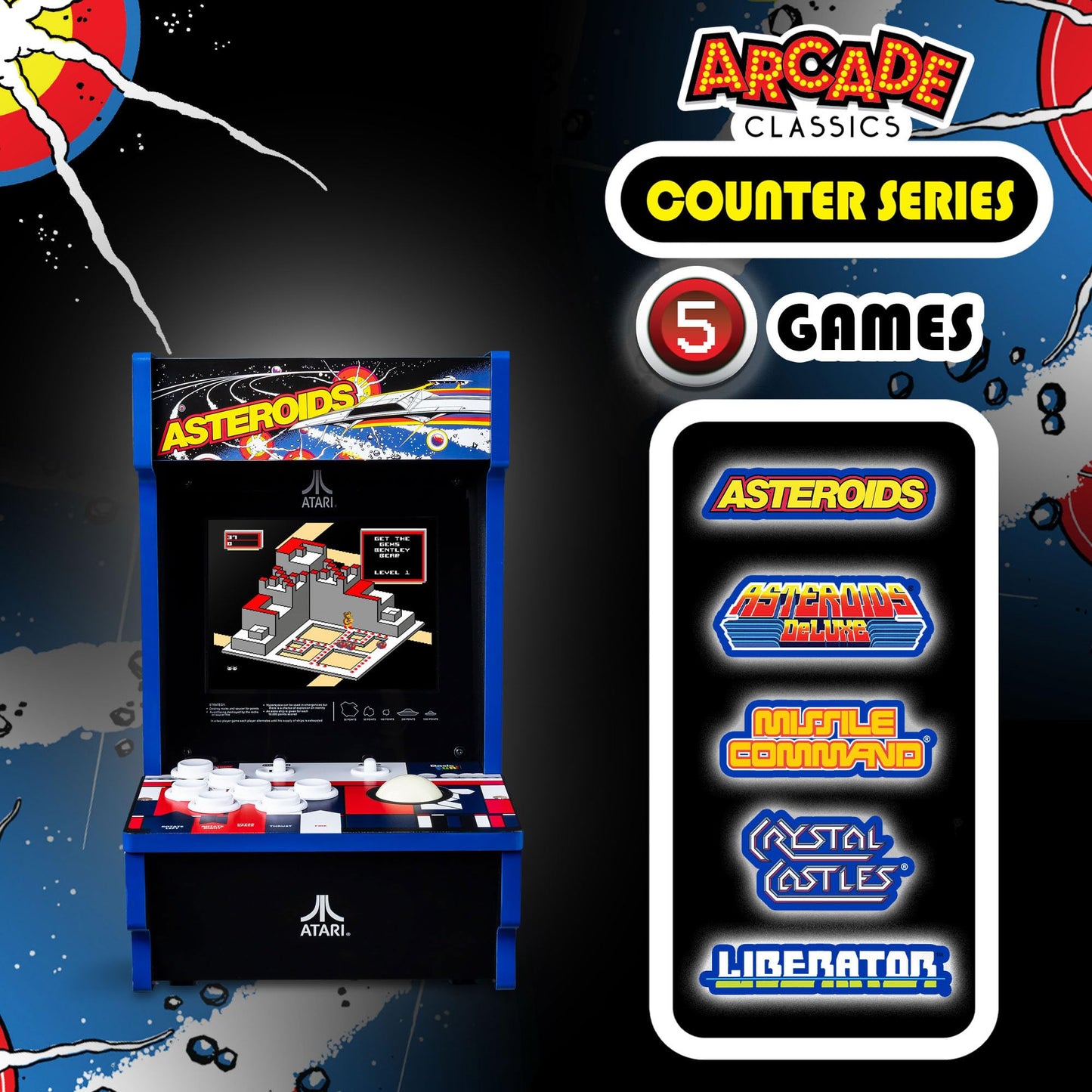 Arcade Classics - Atari Asteroids Counter Series Game Machine, 5 Games, 8" Liquid Crystal Screen - Mini Cabinet, Portable Gaming, Retro, Countertop Console, Basement Decoration, Man Cave