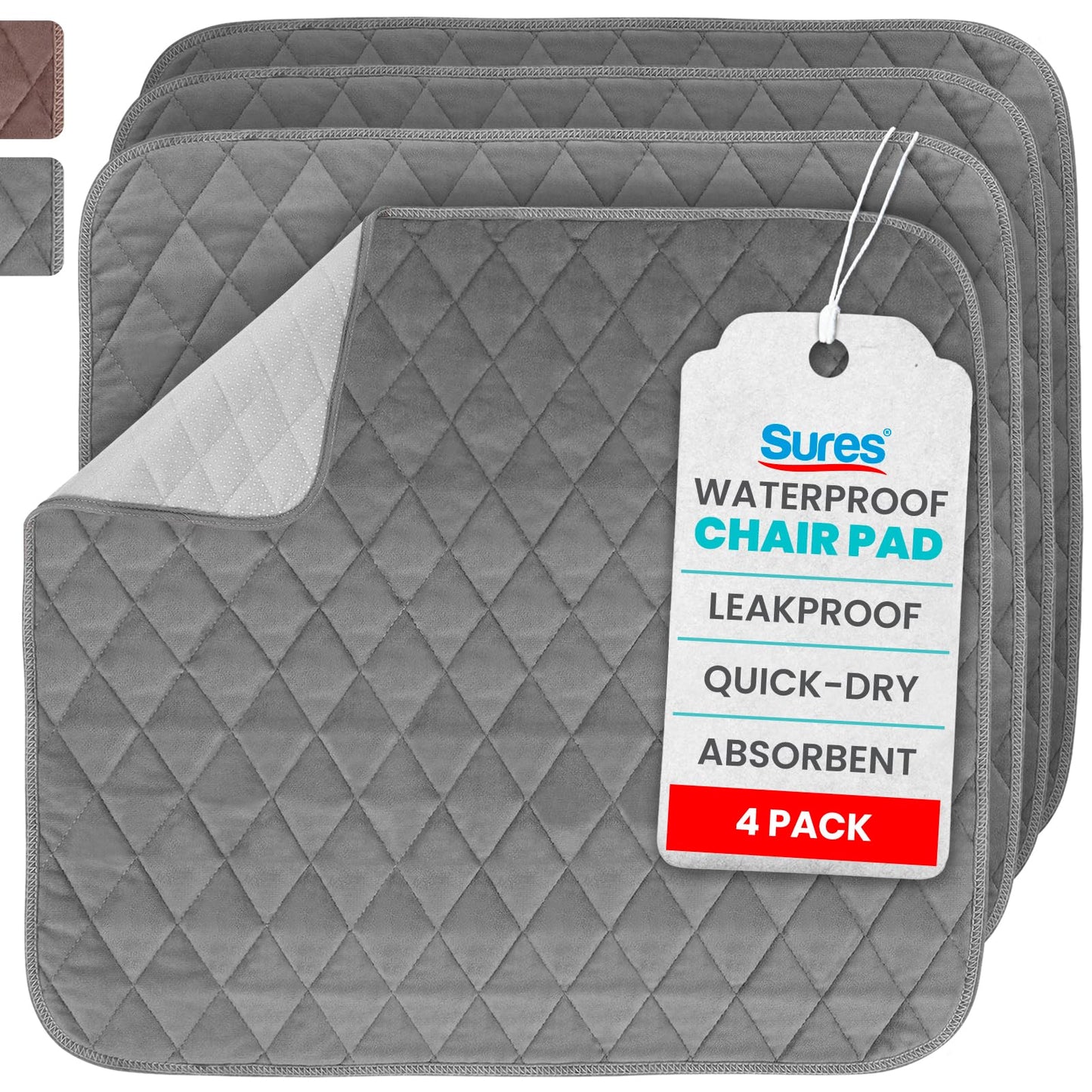 Sures Waterproof Chair Pads for Incontinence (22" x 21") - Washable, Waterproof Seat Protector - Chair Protector Seat Cover - Absorbent Pad for Bed, Seat, Car, Wheelchair & Recliner (Gray, 4 Pack)