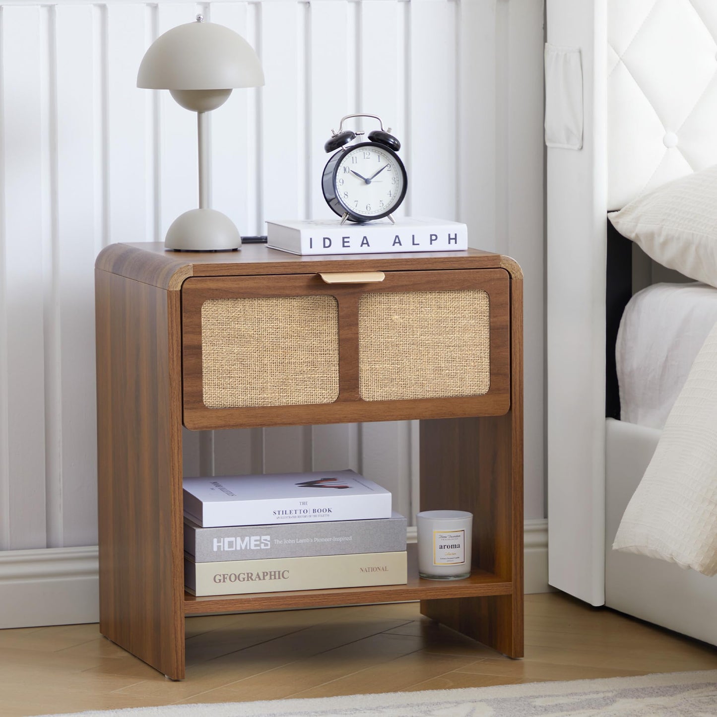 LEVNARY Nightstand with Charging Station, Mid-Century Modern Bedside Table with Curved Top Corners and Fabric-Like Textured Drawer, Wooden End Table for Farmhouse Bedroom Living Room (1, Walnut)