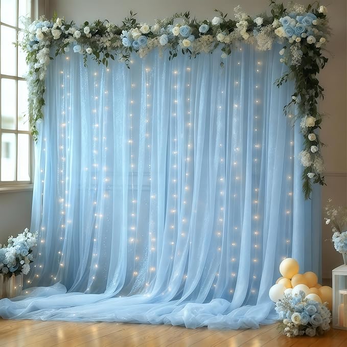 10x10FT Blue Wrinkle Free Backdrop Curtains with Lights String for Parties - Photo Curtain Backdrop with Lights for Weddin...