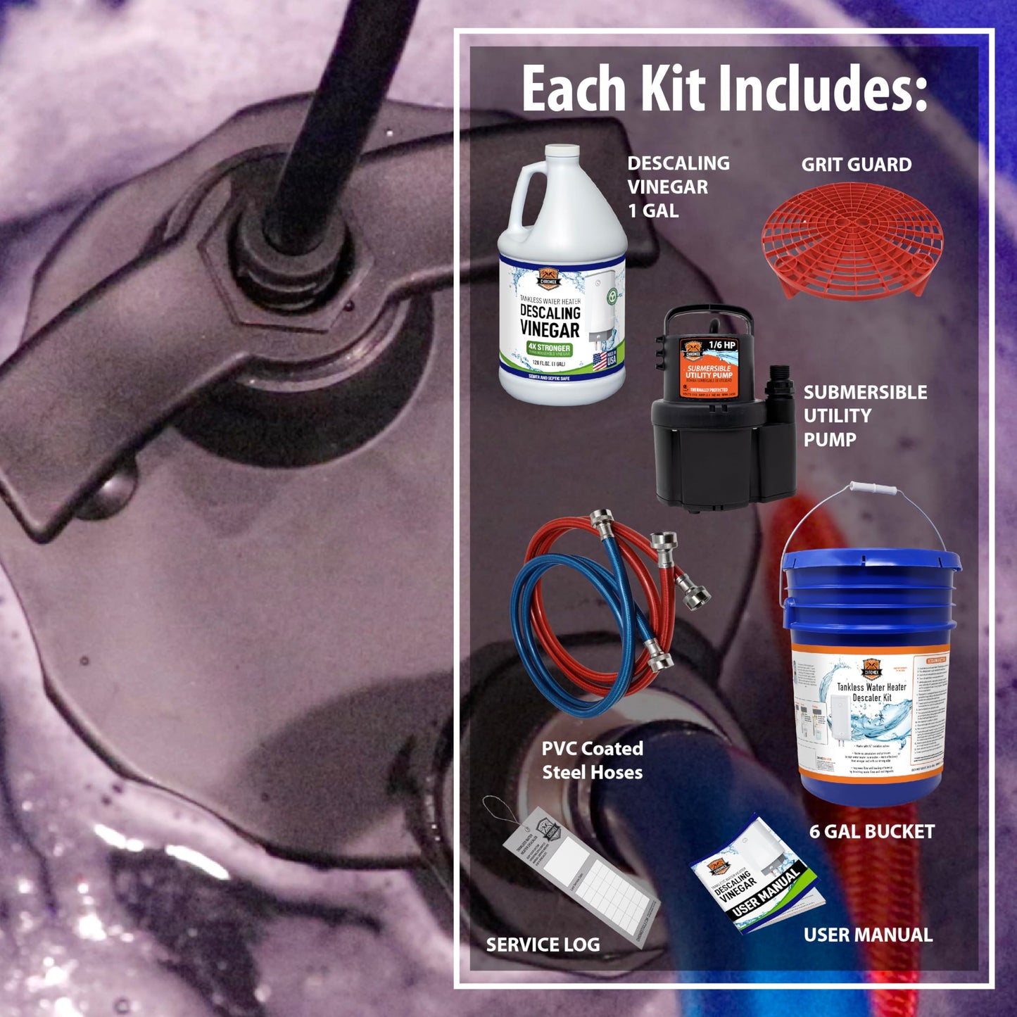 Chromex Tankless Water Heater Flush Kit with NSF Certified Concentrated Vinegar, Dilutes to 4 Gallons and 1/6HP Extra Strength Pump