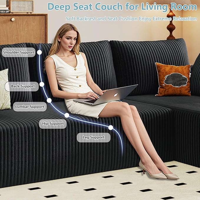 96" Cloud Sectional Couch with L-Shape Chaise, Modern Corduroy Boneless Couch for Living Room,Memory Foam Sofa with Deep Seat,No Assembly Required (Black,Right-Facing Chaise)