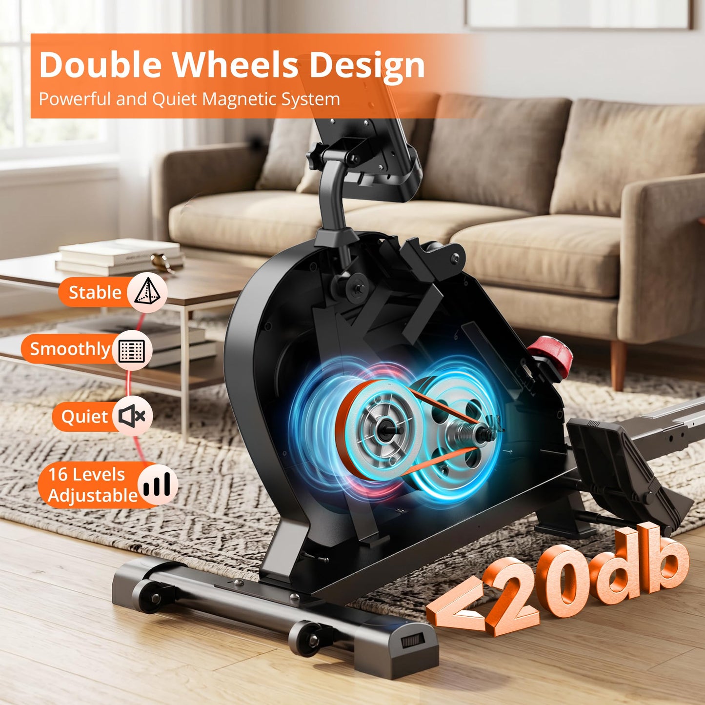 pooboo Rowing Machines for Home, Magnetic Rowing Machine with Adjustable Resistance, Folding Rower Machine of Quiet, 350lbs Weight Capacity, Comfortable Seat Cushion, LCD Monitor, App Support