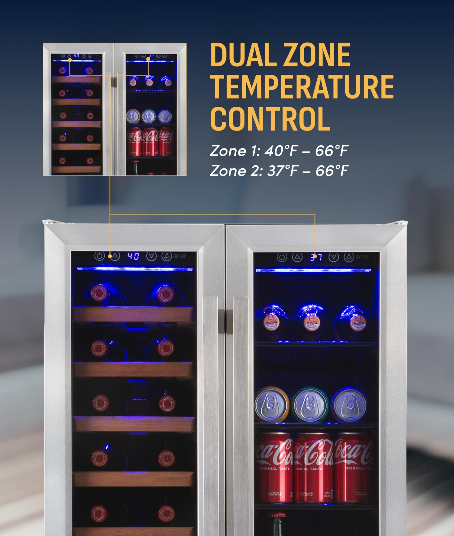 NewAir 24" Dual Zone Beverage Refrigerator & Wine Cooler for 20 Bottles & 78 Cans | Freestanding or Built-In Under Counter Mini Fridge for Beer, Wine and Soda | Stainless Steel