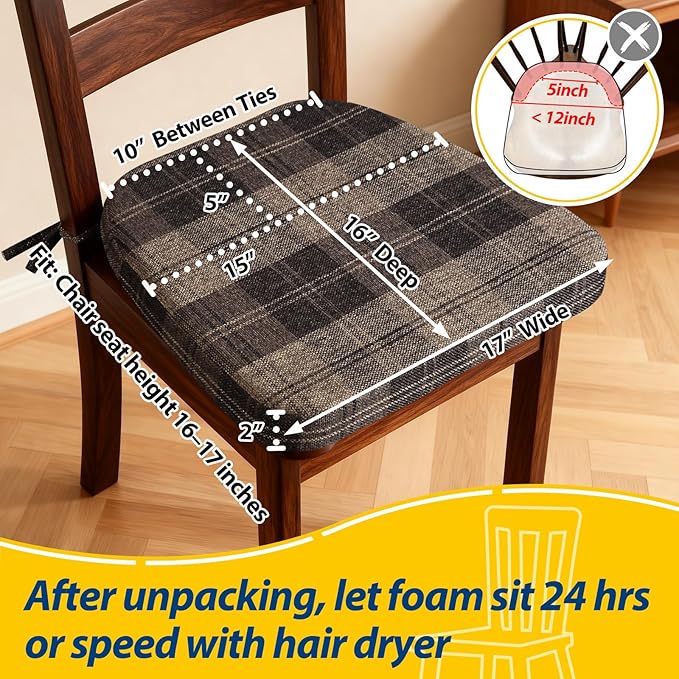 AAAAAcessories D-Shaped Chair Cushions, 2" Thick Dining Chair Pads with Ties and Removable, Machine-Washable Cover, 17" x 16", Set of 4, Brown Checkered