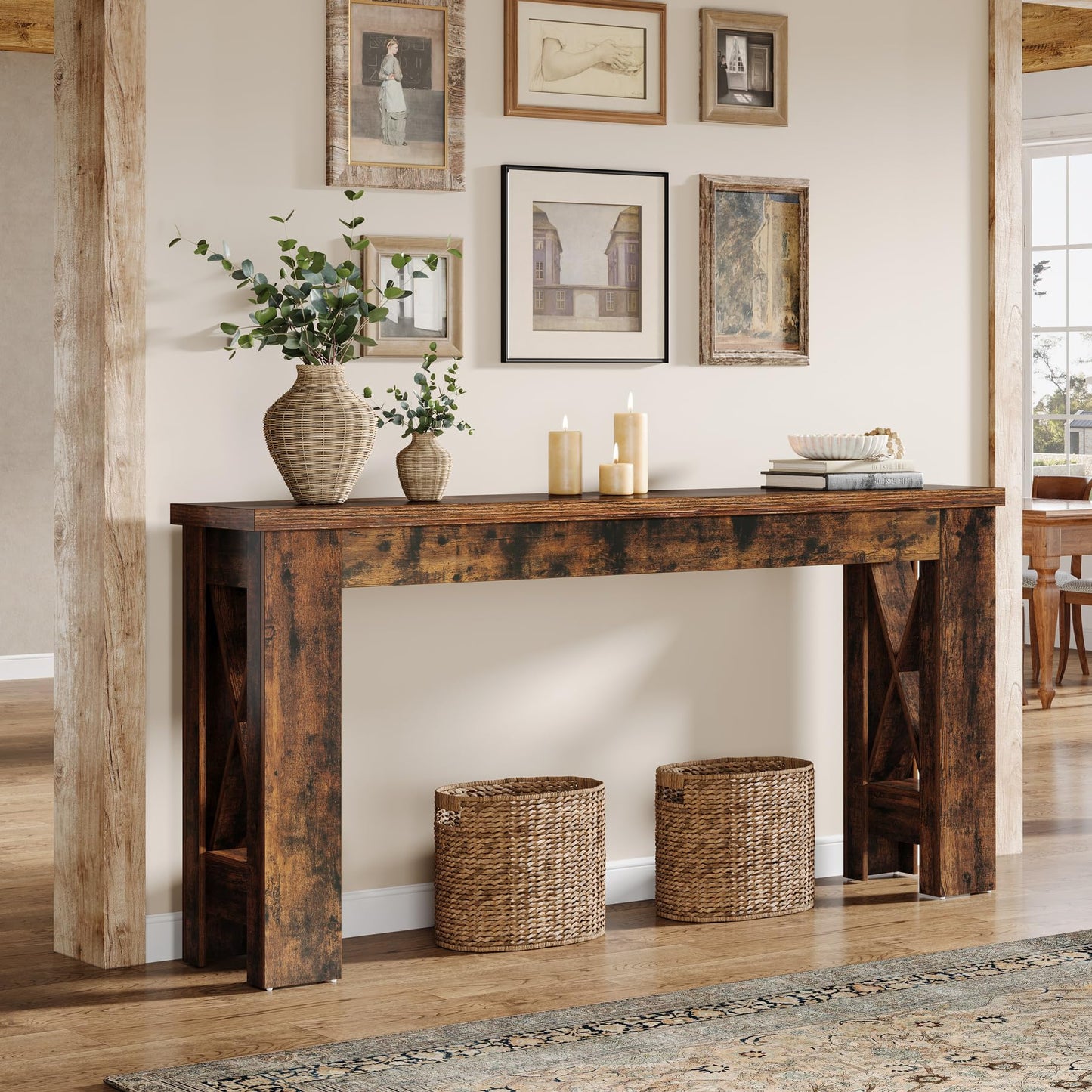 Tribesigns 70.9" Extra Long Console Table, Farmhouse Narrow Long Entryway Table with H-Shaped Legs for Living Room, Hallway, Rustic Brown