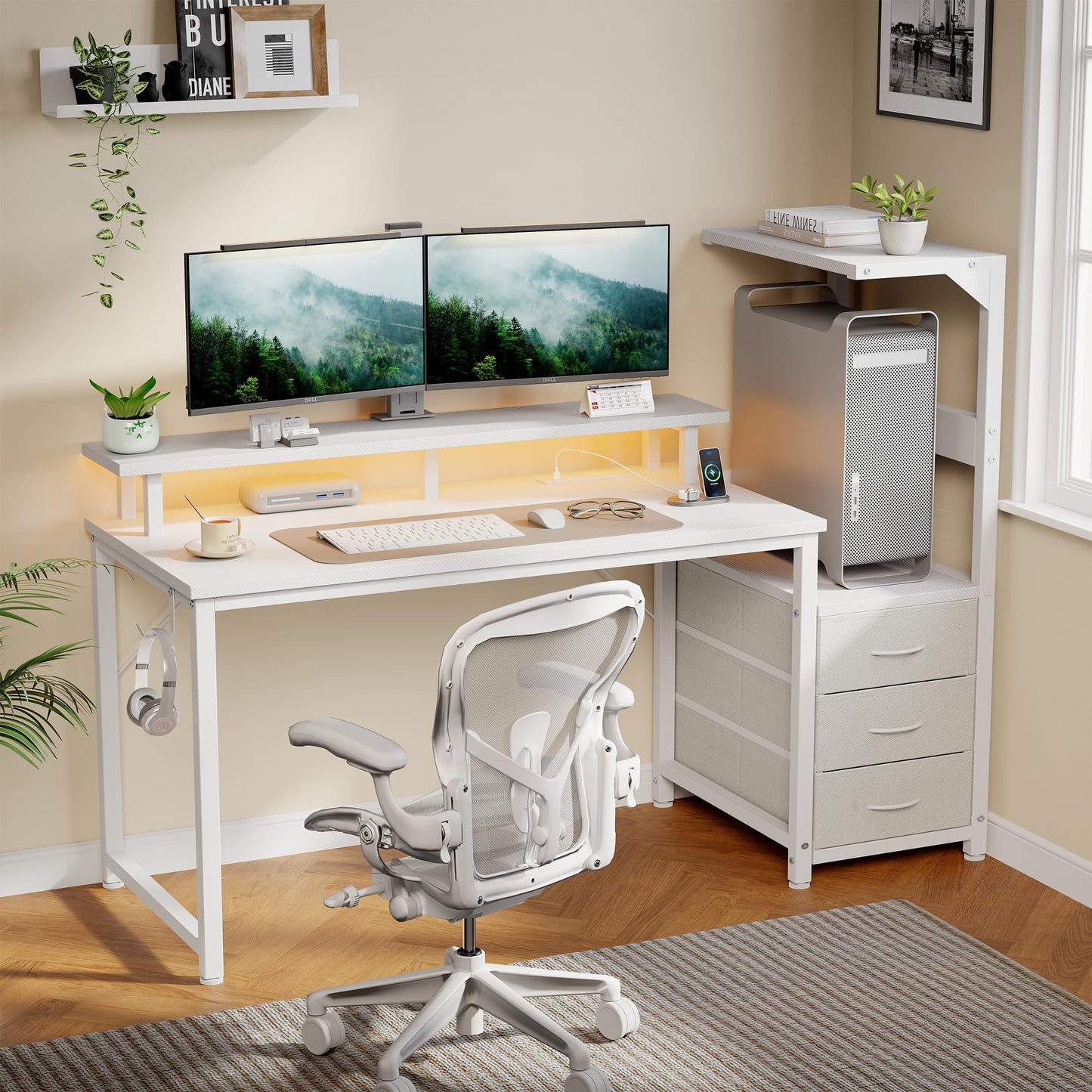 DUMOS L Shaped Gaming Desk with Shelves Storage Drawers 52'', White Computer Desks with LED Lights Power Outlets, Office Wood Table with PC Stand Cable Management for Bedroom Dual Monitor Streaming