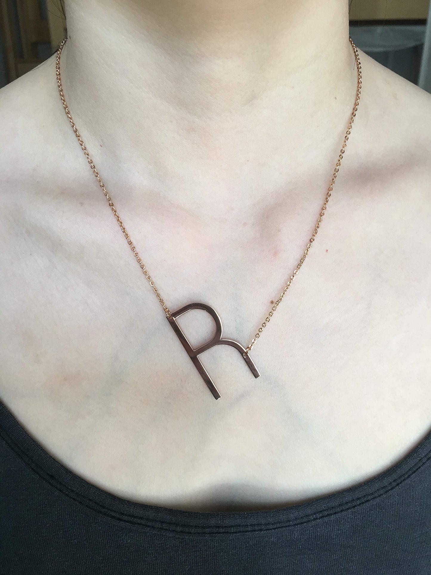 WIGERLON Stainless Steel Initial Letters Necklace for Women Color 18K Rose Gold Plated from A-Z Letter R