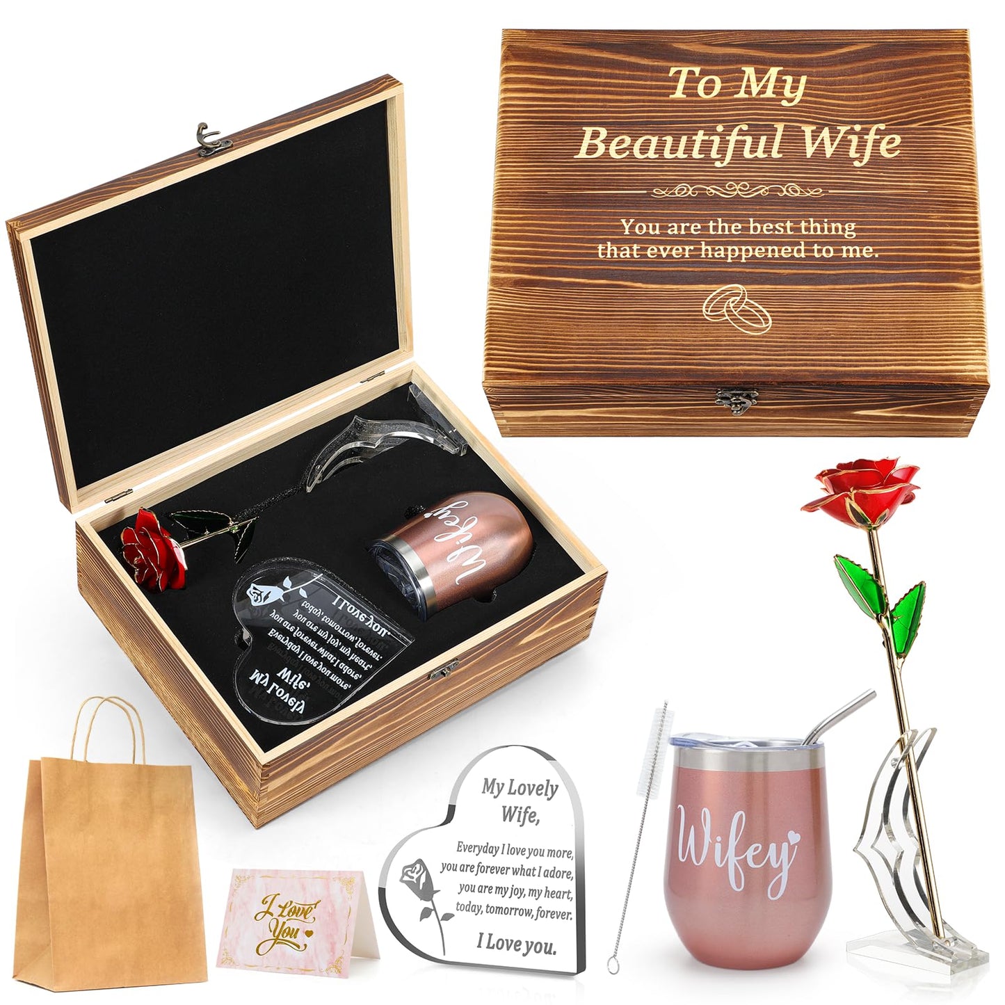 ADEXDO Anniversary Gi fts for Her| Wife, Wife Gift Set with Crystal Engraved Heart, 24K Gold Dipped Rose, Wine Tumbler, Wife Gifts for Anniversary & Birthday