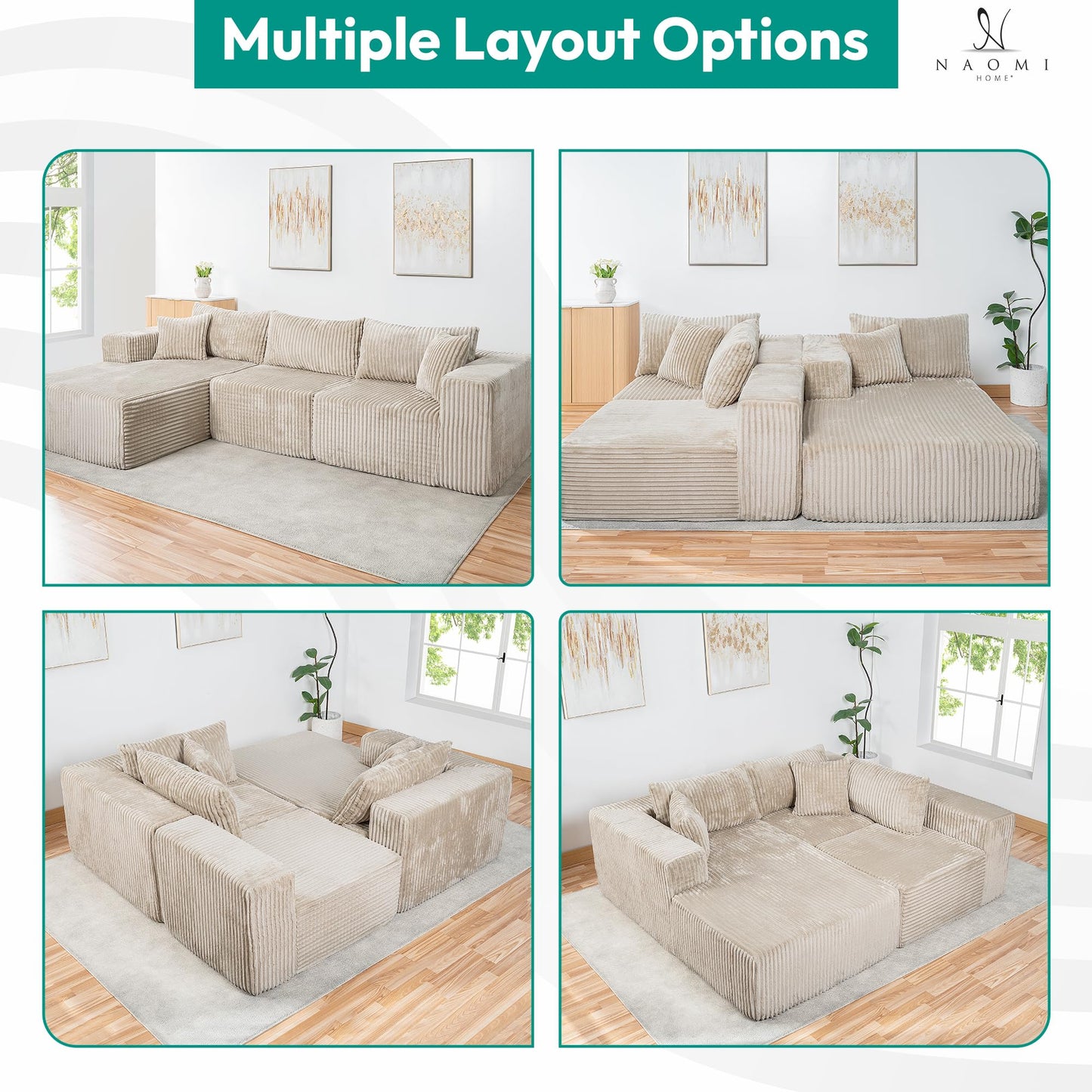 Naomi Home Pamela 110" Boneless Cloud Couch L Shaped Modular Sectional Sofa with Chaise, Deep Seat Comfy Corduroy Couch for Living Room, Sag-Free Foam, Pet Friendly, No Assembly Beige