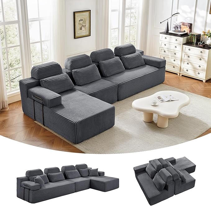 136" L-Shaped Cloud Modular Sectional Sofa with Chaise & Headrest, Boneless Deep Seat Plush Corduroy Couches for Large Living Room, No Assembly Required (Dark Gray, 136" L-shapred Chaise)
