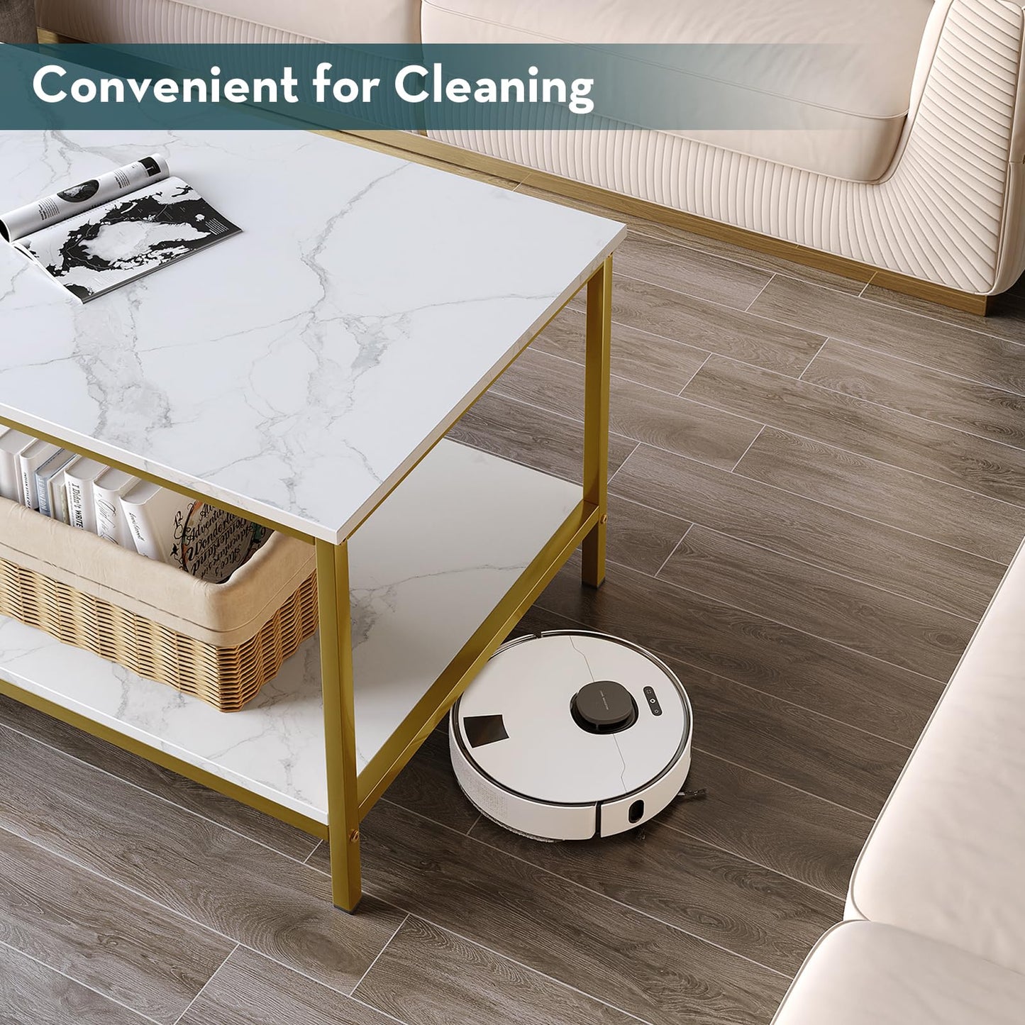 SAYGOER Modern 2-Tier Coffee Table for Living Room White Gold Coffee Tables Industrial Rectangle Wood Table for Large or Small Spaces Home Office Apartment, White Gold