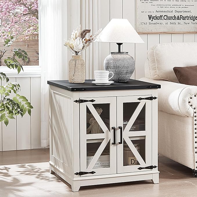 Joaxswe Farmhouse End Table with Charging Station, 24" Large Sofa Side Table with Glass Barn Door,White Nightstand with Adjustable Storage Shelf,Wood Square Bedside Table for Living Room,Bedroom