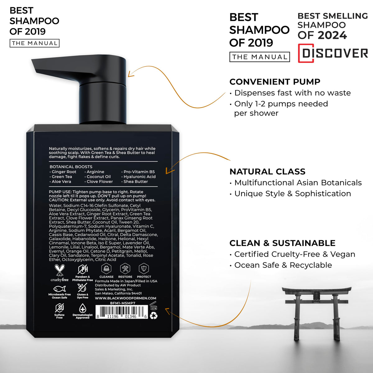 Blackwood For Men Hydroblast Moisturizing Shampoo - Men's Shampoo for Coarse, Dry, & Curly Hair-Infused with Ginseng & Ginger -