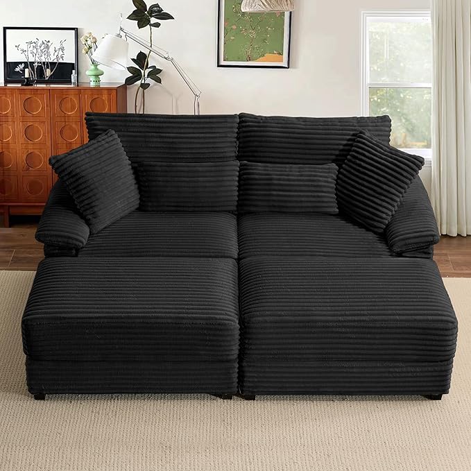 SUNWAVE 74" W Double Chaise Lounge Chair Indoor, Oversized Loveseat with Storage Ottoman, Corduroy Couch with USB Charging, Removable Ottoman, and Coffee Table Cushions for Living Room Bedroom