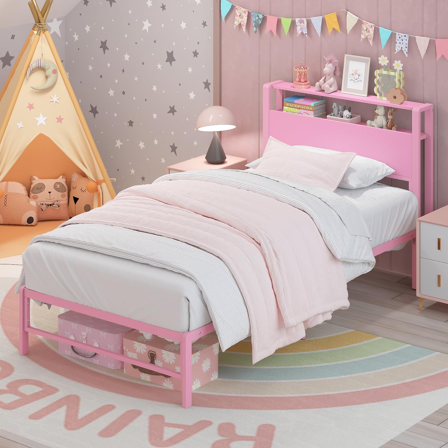 Weehom Twin Bed Frames for Kids with 2 Tiers Wood Storage Shelves Headboard, Twin Size Bed No Box Spring Needed Easy Assembly Metal Platform for Girls and Adults, Pink