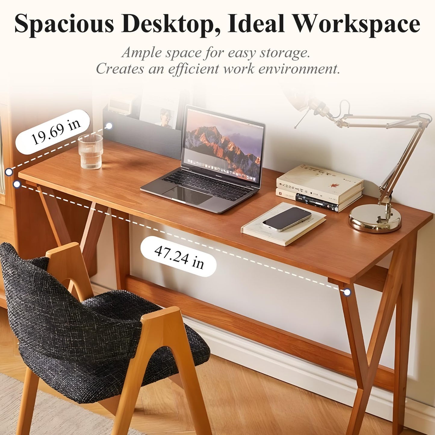 Cttasty Mid Century Modern Desk, Spacious Solid Wood Writing Desk, Minimalist with K-Shaped Legs, Home Office Desk, 29.5 H x 47.2 W x 19.7 D Inches(Natural)