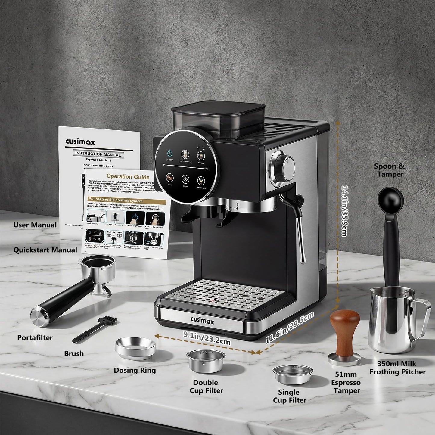 Espresso Machine with Grinder, 20 Bar Professional Expresso Coffee Machines with Milk Frother Steam Wand, Espresso Maker with 60oz Removable Water Tank, Cappuccino & Latte Machine for Home (Dark-Pro)