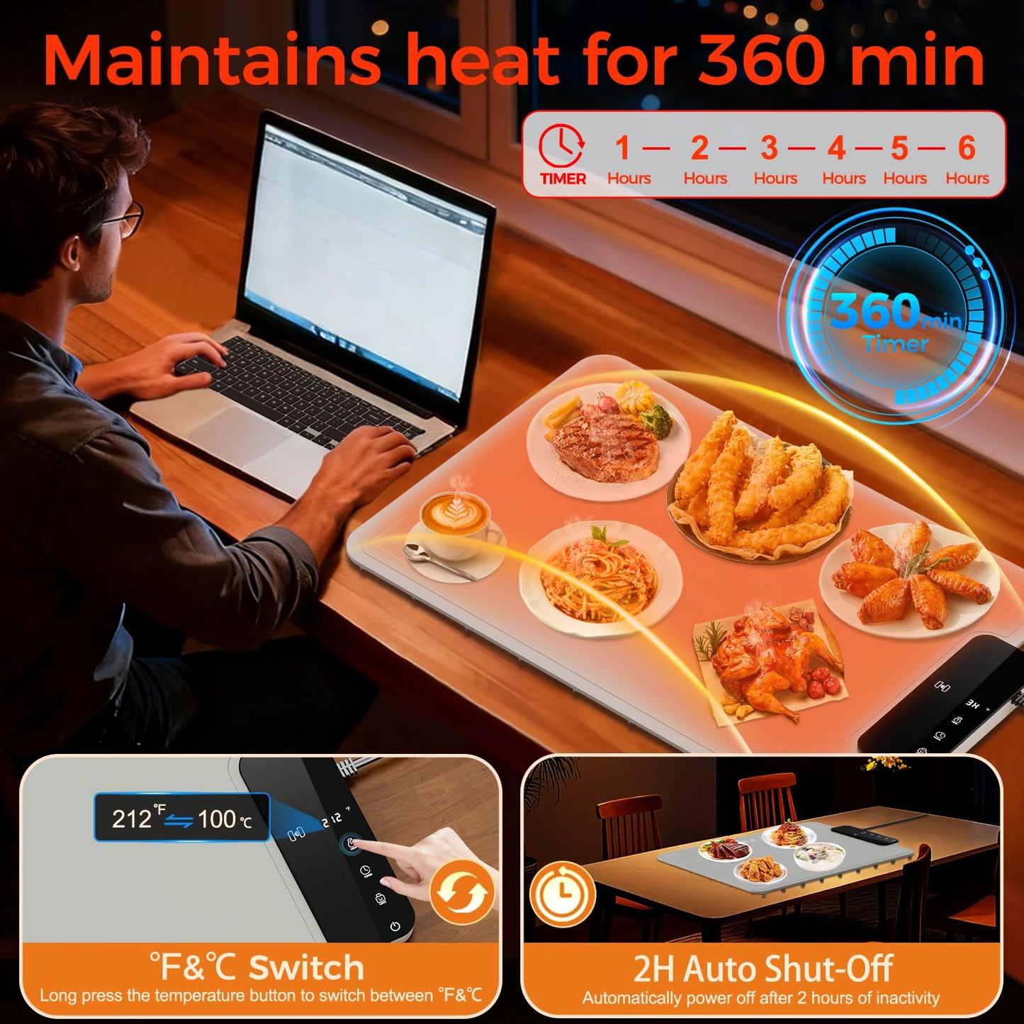 Warming Mat for Food | Dishwasher Friendly,Full-Surface Food Warmer with 6-Mode Adjustable and Timer,Roll-Up & Portable Silicone Food Heating Pad with Child Lock,Electric Warming Tray for Buffet Party