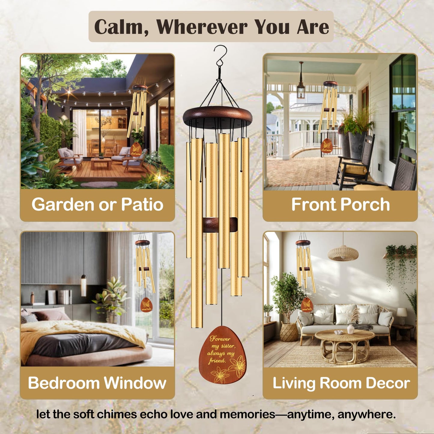 Lintriguingly Sister Birthday Gifts from Sister, Birthday Gifts for Women 26” Wind Chimes with Soul Sister Quote, Unique Sister Gift Idea for Christmas 、Friendship, Sentimental Present for Her