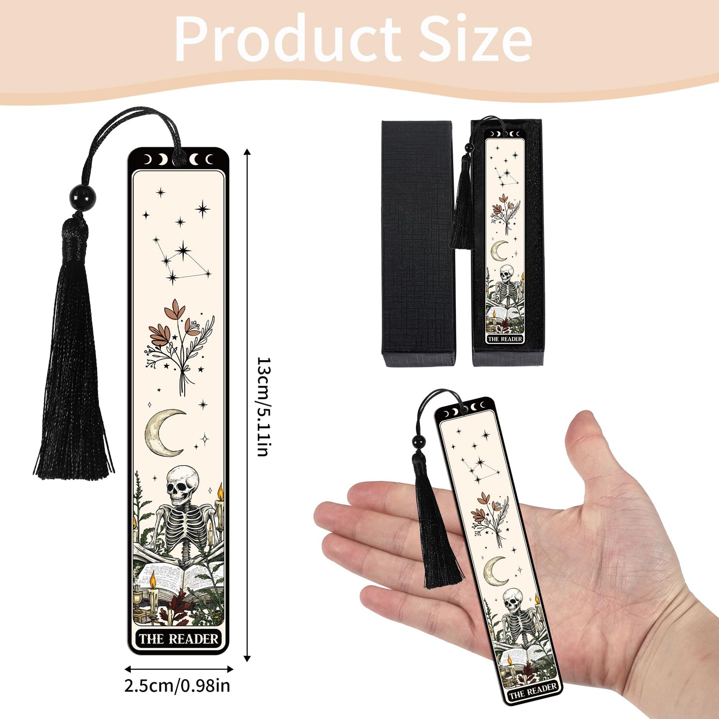 Gothic Skull Bookmark Gifts: Skeleton Romance Metal Book Marks for Reading Women, Horror Page Marker Clips with Tassel, Bookish Gift with Box for Readers Women Students School Office Supplies