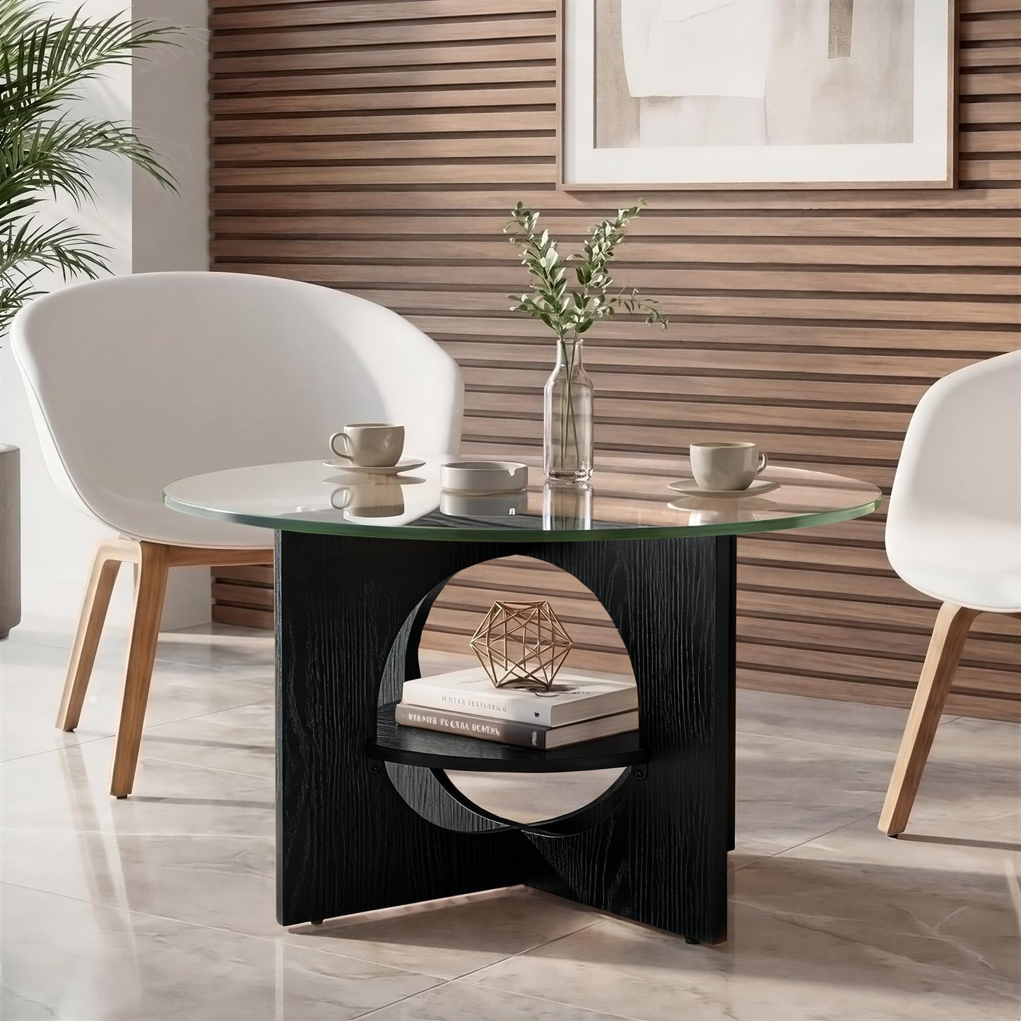 YITAHOME Round Coffee Table, 2-Tier Glass Coffee Tables with Storage, Multi-Purpose Modern Center Table or Cocktail Table for Living Room, Office, Lounge, Black