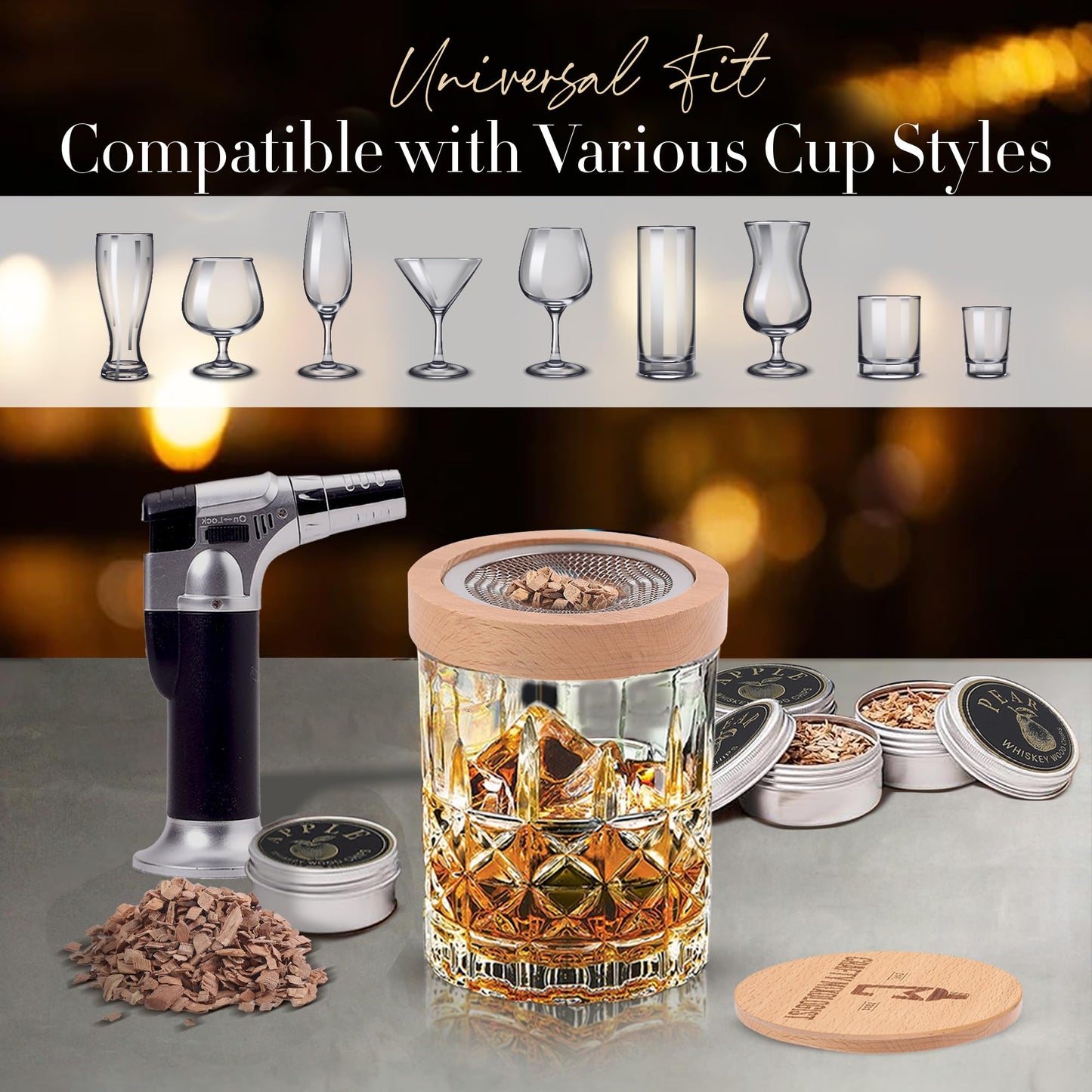 Whiskey Smoker Kit with Torch – 6 Wood Chip Flavors & 2 Glasses – Cocktail Smoker Infuser Set for Old Fashioned and Bourbon– Birthday Gifts for Men, Dad, Husband and Boyfriend(Butane Not Included)