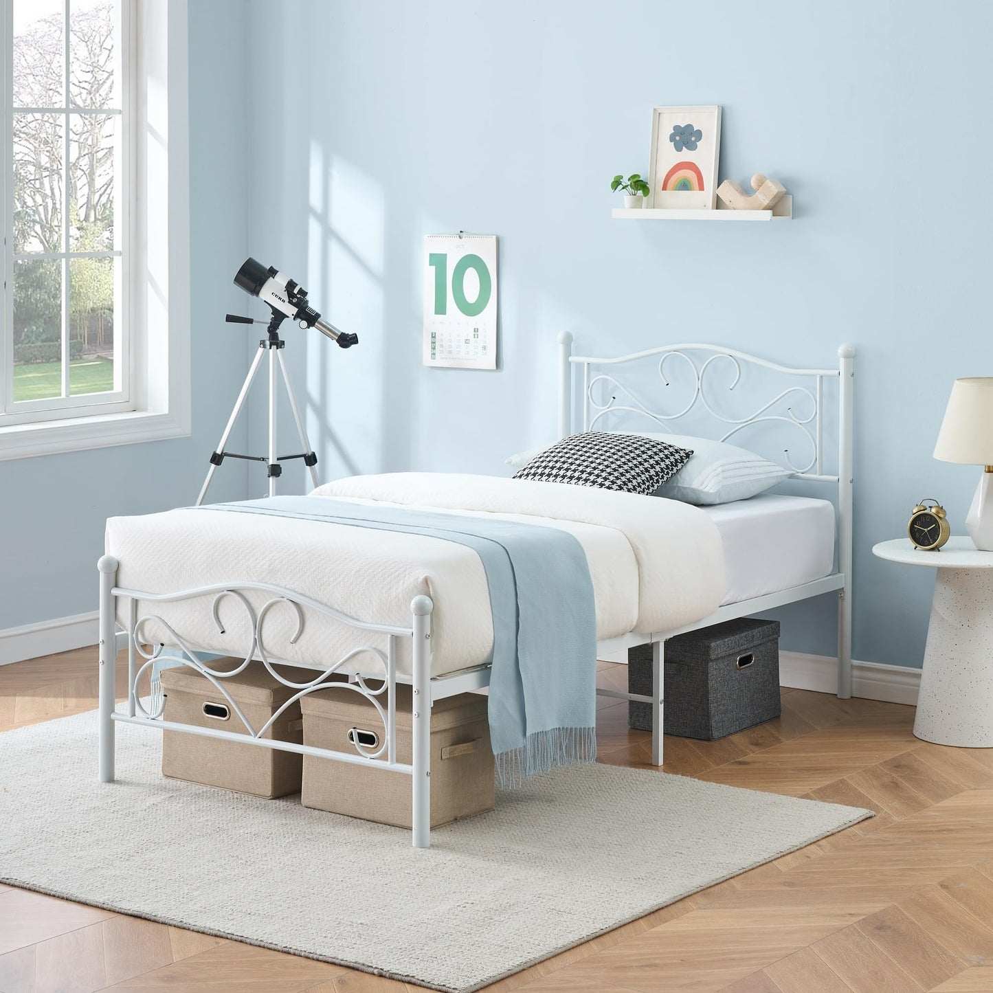 Garvee Twin Bed Frames, Twin Size Bed Frame with Headboard, Heavy Duty Mattress Foundation with Steel Slats Support, No Box Spring Needed, White