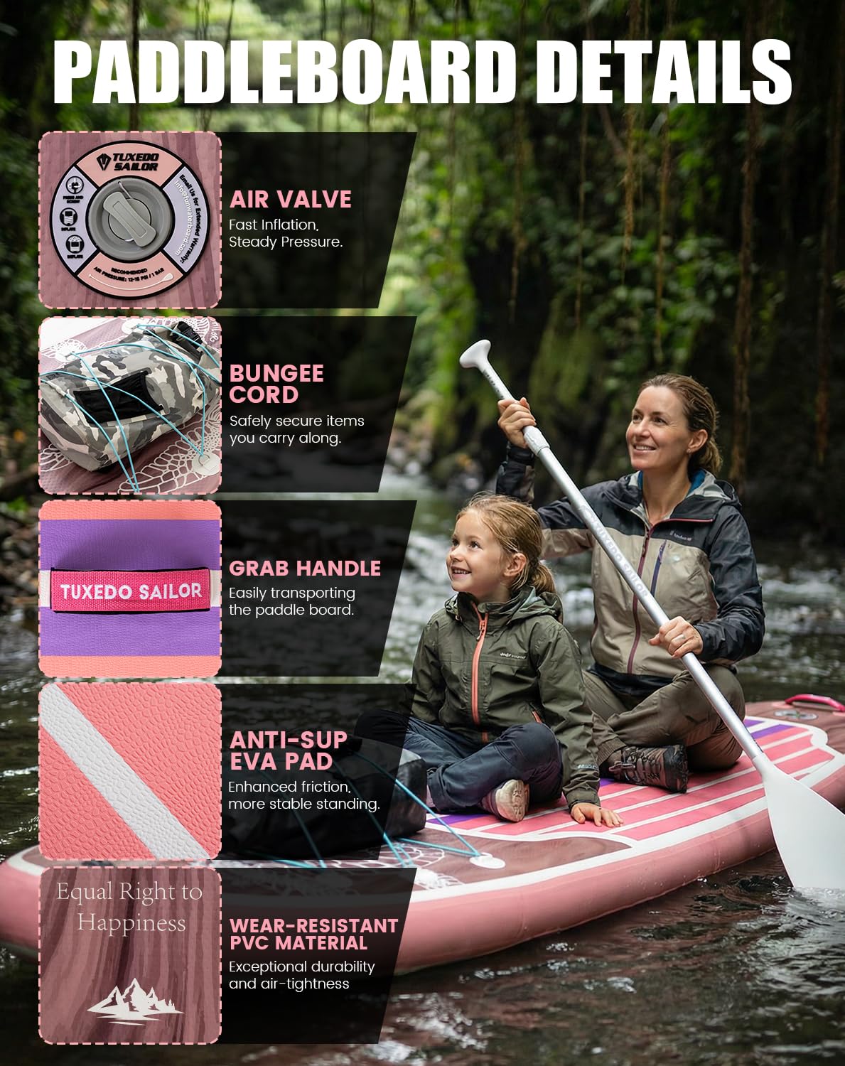 Tuxedo Sailor 11' Inflatable Stand Up Paddle Board with SUP Accessories, Anti-Slip EVA Deck and Large Fin, Paddle Boards for Adults & Youth of All Skill Levels