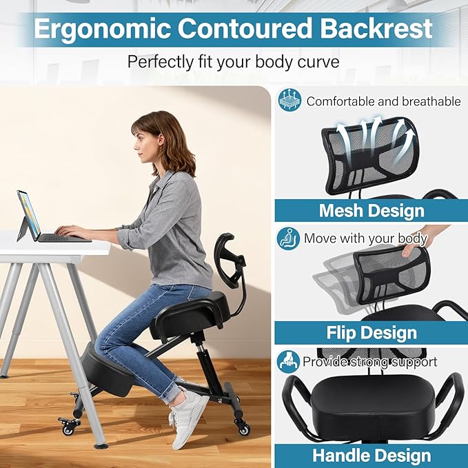 Kneeling Chair, Ergonomic Kneeling Chair with Back Support, kneelings Office Chairs with Adjustable Height and Lumbar Support for Banking Meeting Room Office Home Reception,Improve Postures