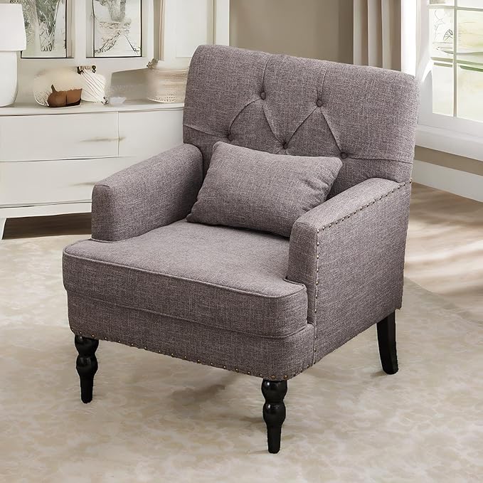 HUIMO Tufted Club Chair with Lumbar Pillow,Upholstered Button Armchair,Accent Reading Chair,Linen Fabric Sofa Chairs for Bedroom, Living Room, Mid Century Modern with Studded Chair Grey