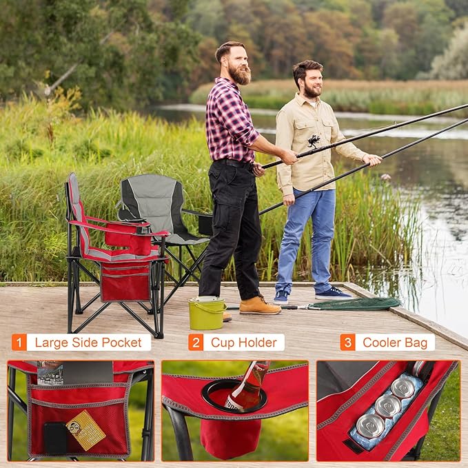 LANMOUNTAIN Oversized Padded Camping Chairs for Adults,Heavy Duty Support 400 Lbs,Folding Portable Lawn Chair w/Cup Holder,Cooler Bag,Side Pocket,Perfect for Outdoor Picnic,Hiking(Red)