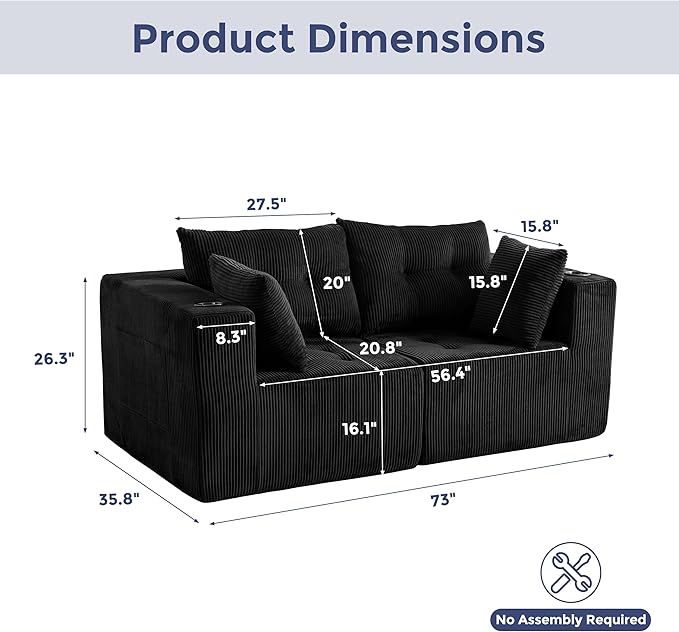MAXYOYO Modular Sectional Sofa Couch, Loveseat Boneless Cloud Couch for Living Room, Sofa in A Box, Upholstered Cozy Chair with Tufted Craft, No Assembly Required, Black