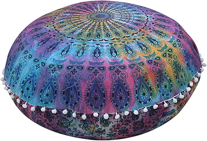 Shubhlaxmifashion Mandala Floor Pillow Cushion Seating Throw Cover Hippie Decorative Bohemian Ottoman Poufs, Pom Pom Pillow Cases,Boho Indian (32 Inches, Multi Tie Dya)