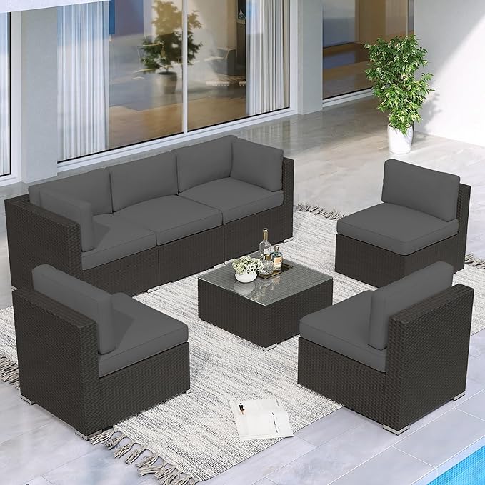 Crownland 7-Piece Outdoor Patio Furniture Sets, All-Weather Black Wicker Rattan Sectional Sofa, Modern Glass Coffee Table and Washable Seat Cushion with YKK Zipper (Grey)
