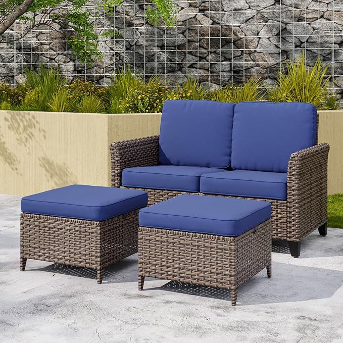 COOS BAY Harbor Retreat 3 Piece Outdoor Furniture Set, Patio Conversation Set with 2 Seat Loveseat and Ottomans, Wicker Furniture, Brown/Blue