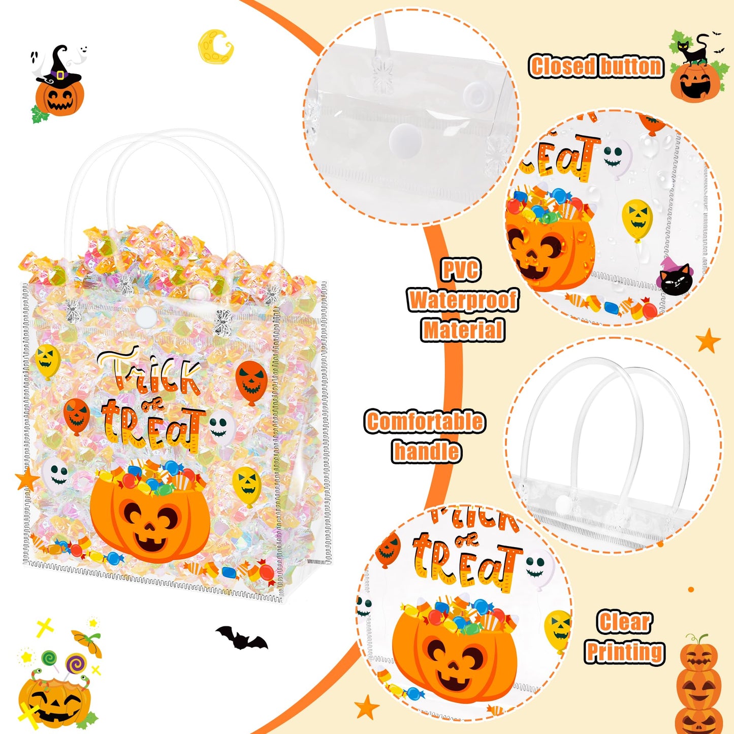 H1vojoxo Halloween Party Favor Bags - 24PCS Happy Halloween Clear PVC Bags with Handle Reusable Trick or Treat Goodie Treat Candy Tote Bag for Kids Pumpkin Ghost PVC Tote Bag for Party Decoration