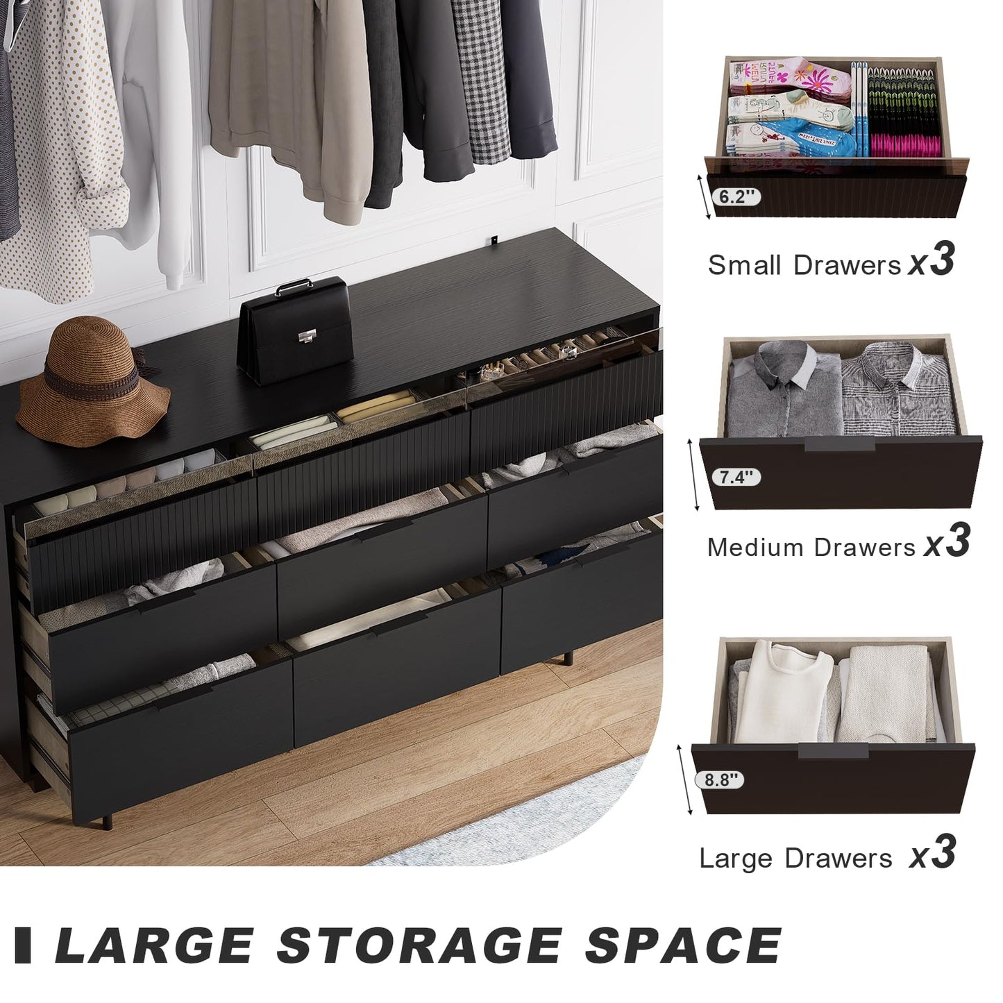 MEISSALIVVE 9 Drawer Dressers for Bedroom, Wide Chest of Drawers, Deep Drawer Dresser, Modern Storage Organizer Dresser, Black Long Dressers for Closet Living Room (59" W x 16" D x 34" H)