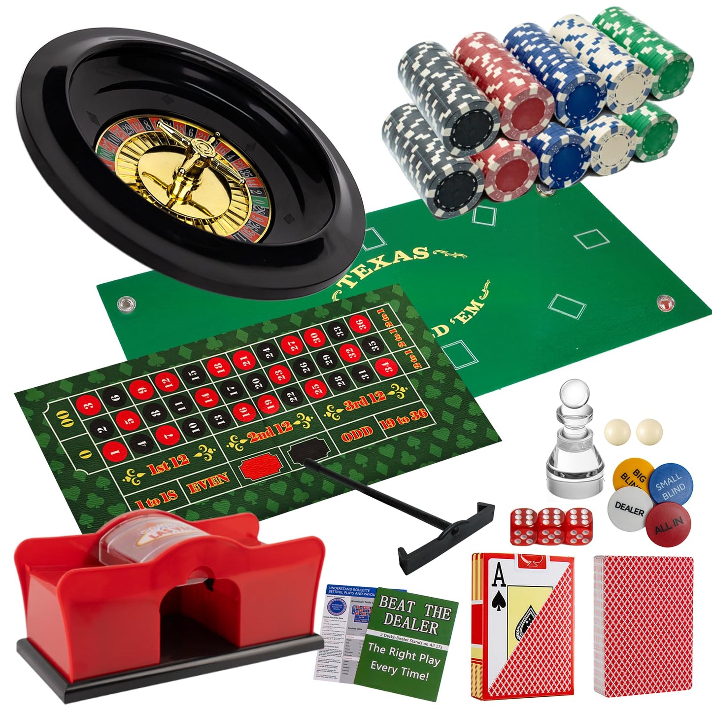 NYUUNYCOOR 5 in 1 Casino Game Complete Set: 250 Pro Poker Chips+Silent Card Shuffler, Blackjack+Roulette Wheel+Craps+Texas Holdem+Poker Kit,Table Game Mat+Playing Card+Dice+Casino Accessory