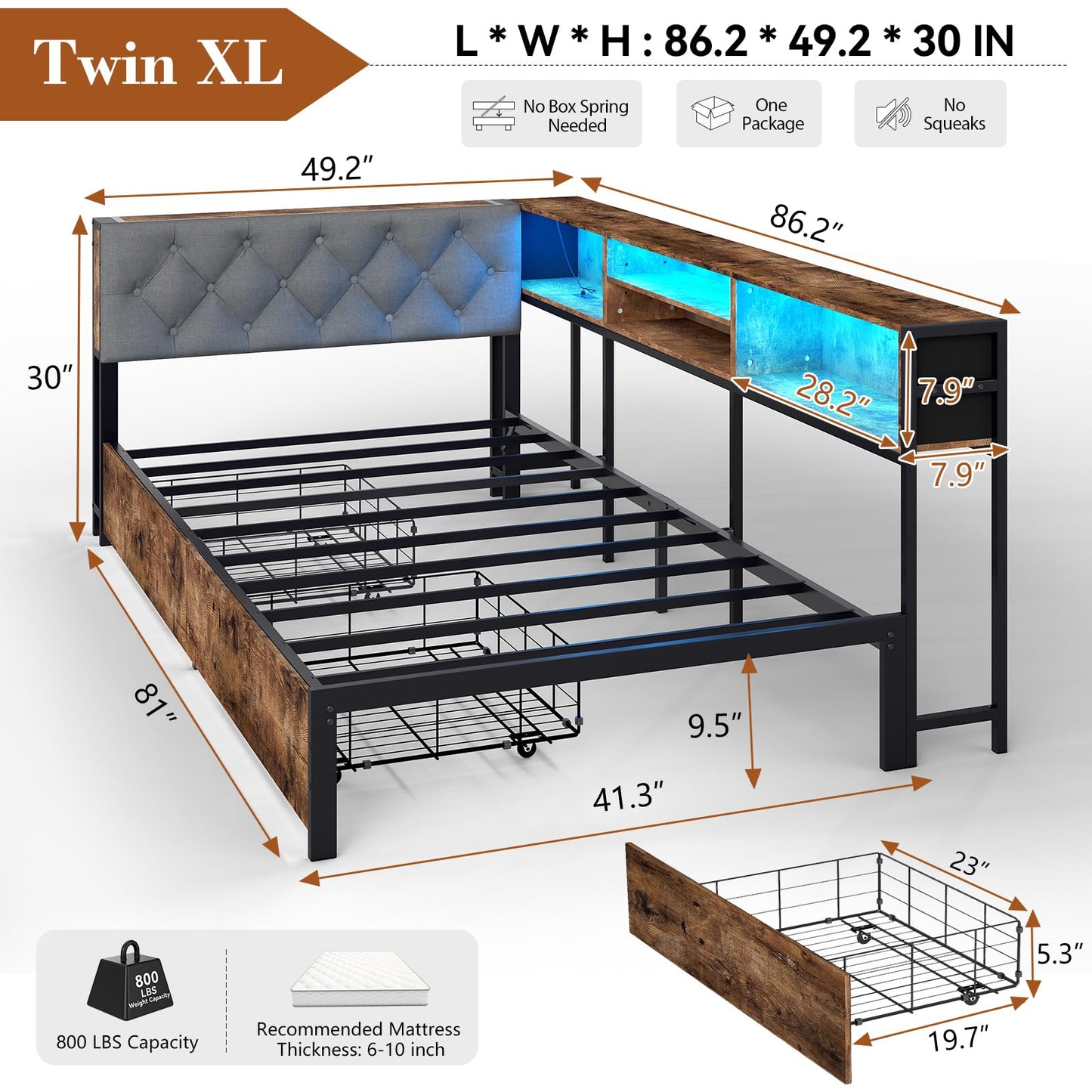 Twin XL Corner Bed Frame with Storage Bookcase and LED Lights, Twin XL Daybed with 2 Storage Drawers, Upholstered Platform Bed with Headboard and Charging Station, Rustic Brown & Gray