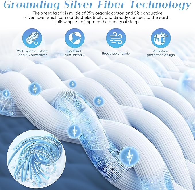 Grounding Sheets King Size, 95% Organic Cotton + 5% Pure Silver Fiber, Grounded Sheet Earth Connected Bedding (King - 77"x 80"x 13" White) Fitted Earth Sheets with Grounding Cord