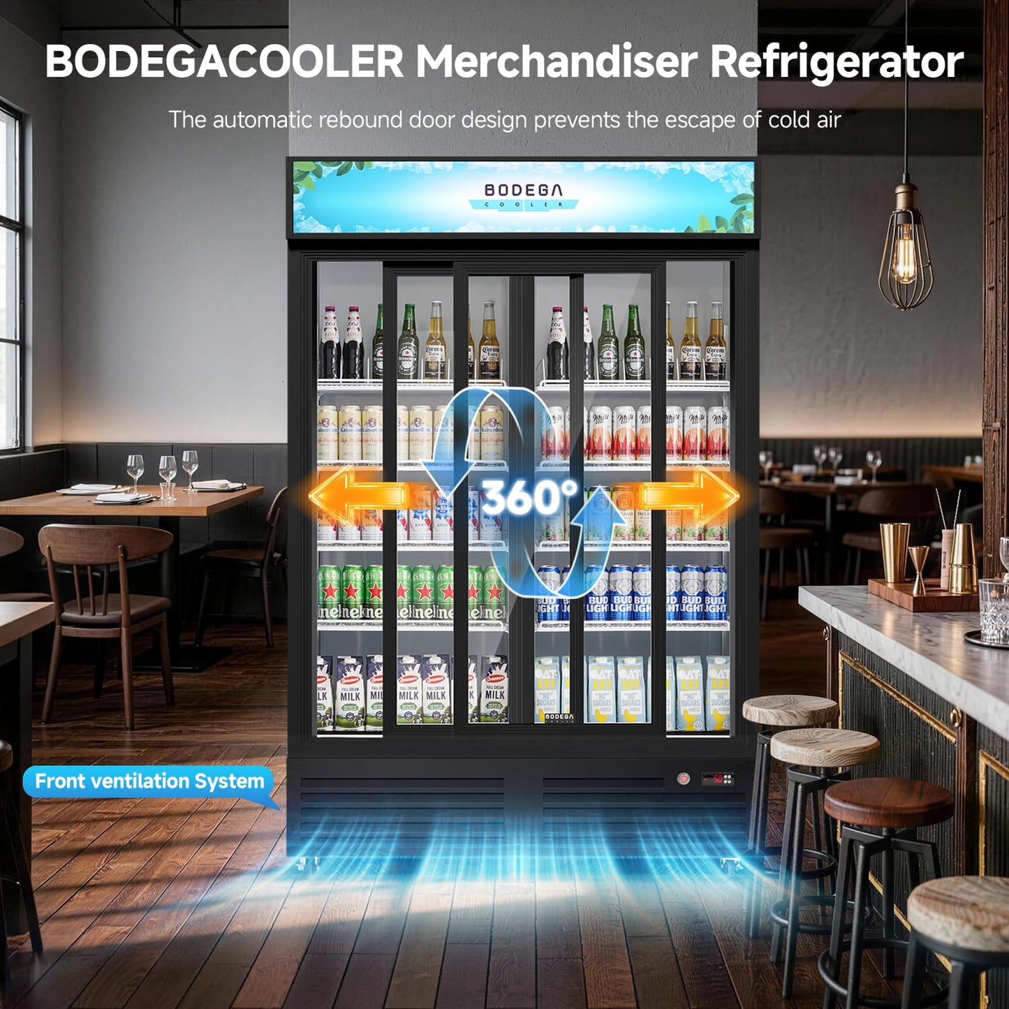 BODEGACOOLER Commercial Merchandiser Refrigerator, Upgrade Automatic Rebound Sliding Door Display Cooler, 2 Glass Door Display Drink Cooler with LED Light, Adjustable Shelves,Castors for Store,Office